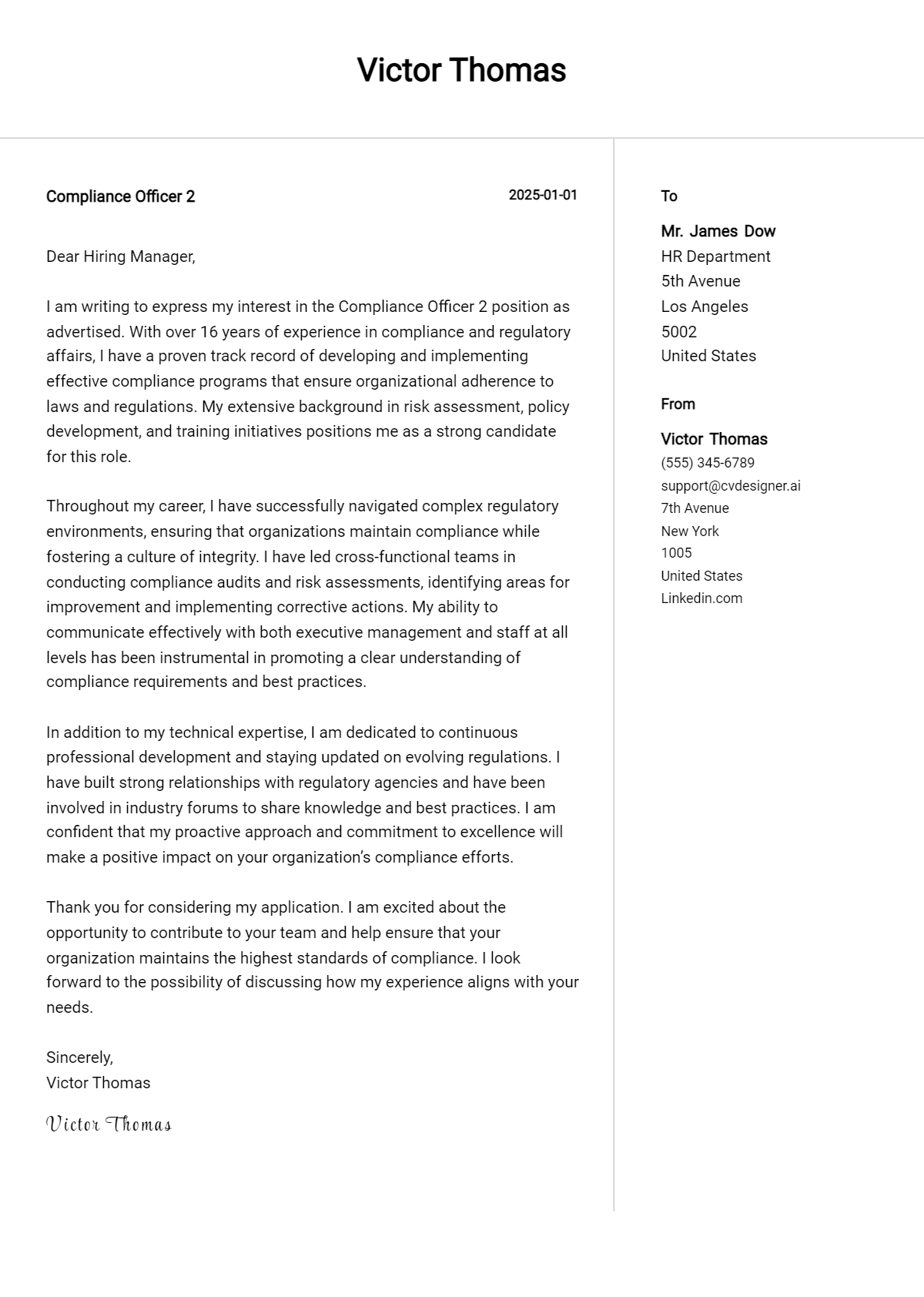 compliance officer 2 cover letter example