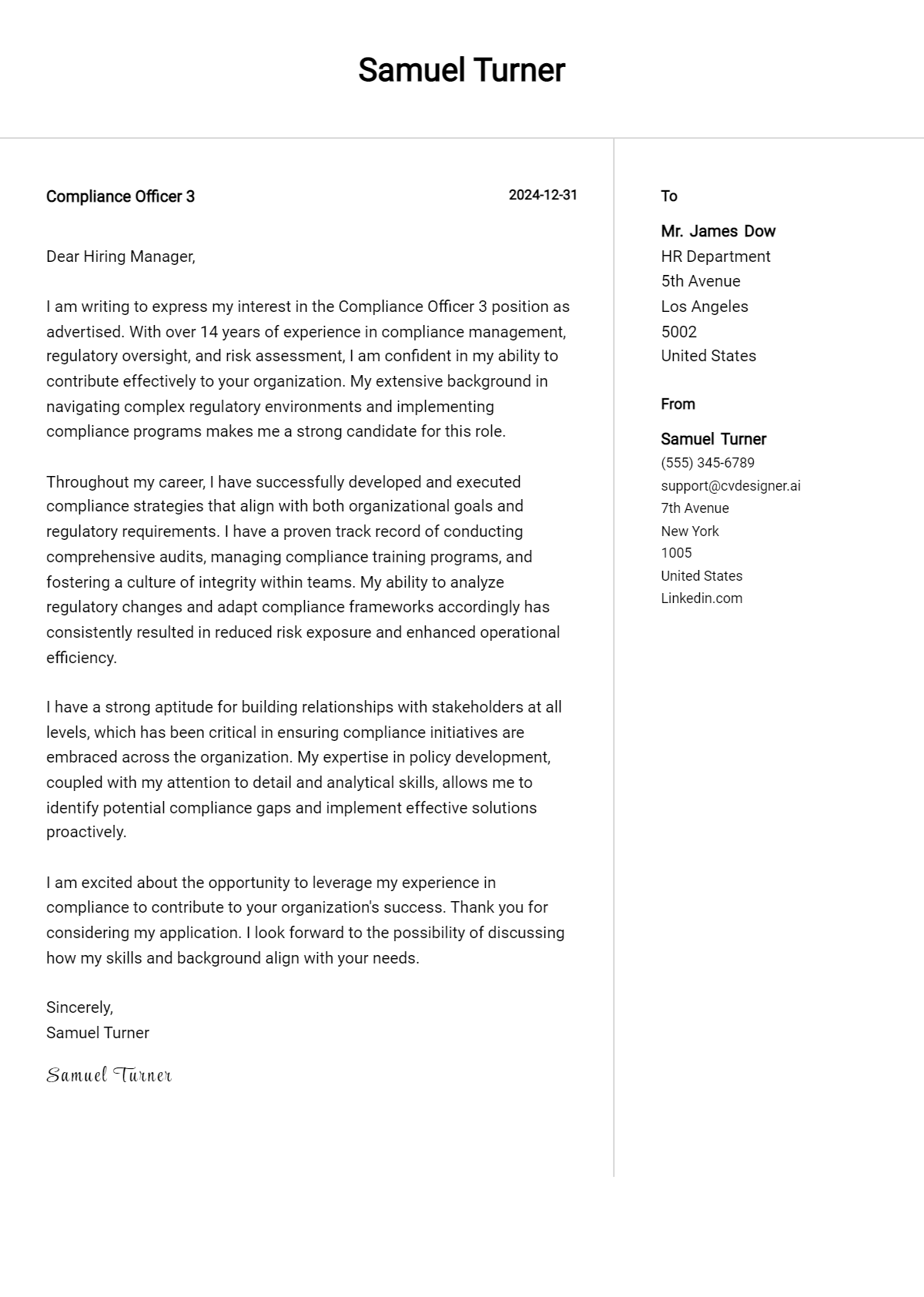 compliance officer 3 cover letter example