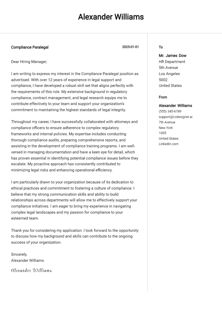 compliance paralegal cover letter example