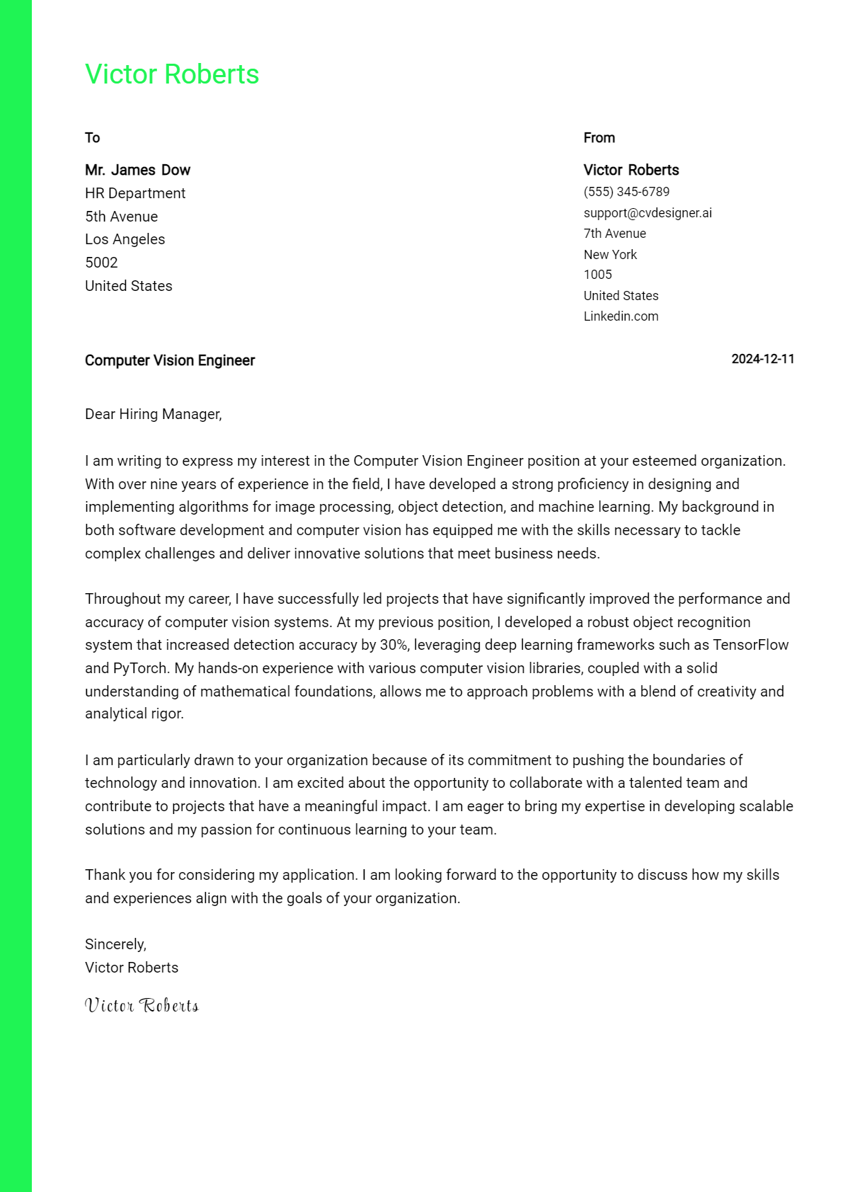 computer vision engineer cover letter example