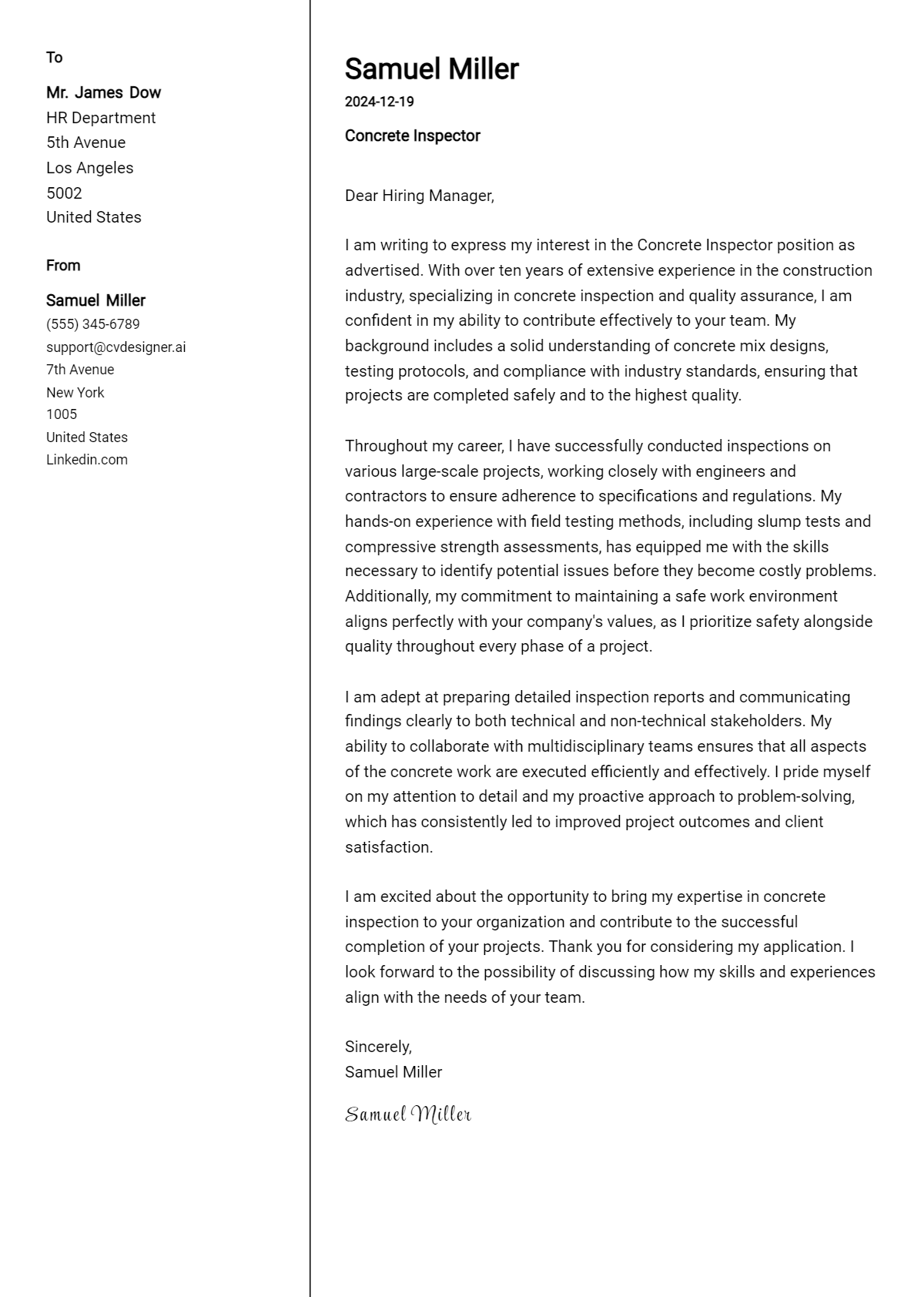 concrete inspector cover letter example