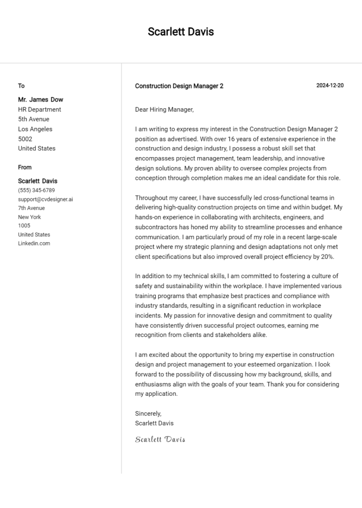 construction design manager 2 cover letter example