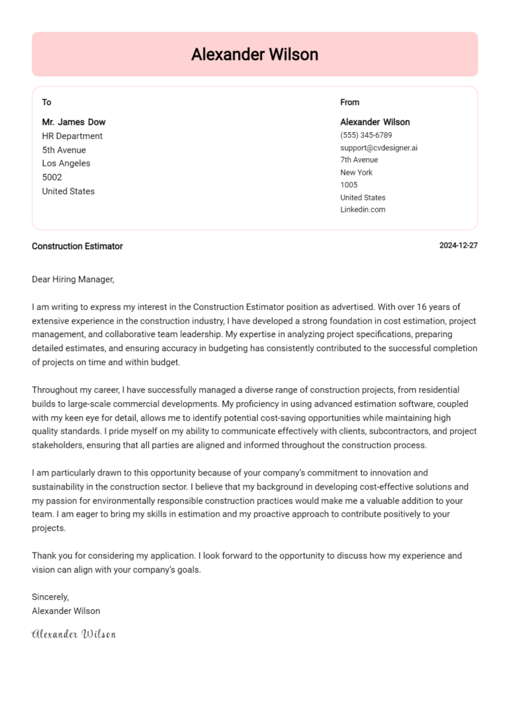 construction estimator cover letter example