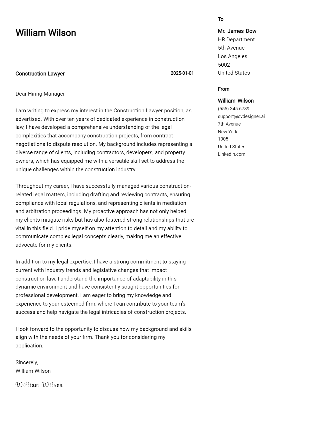 construction lawyer cover letter example