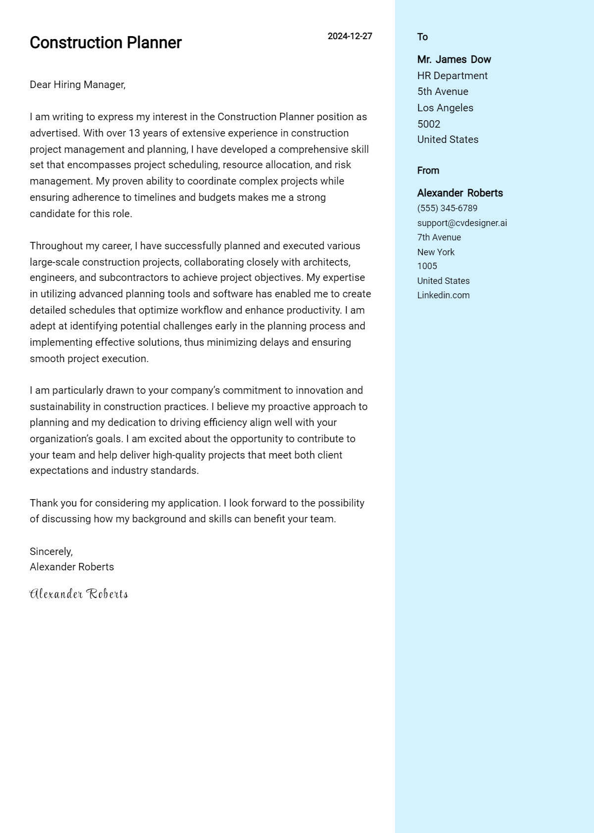 construction planner cover letter example