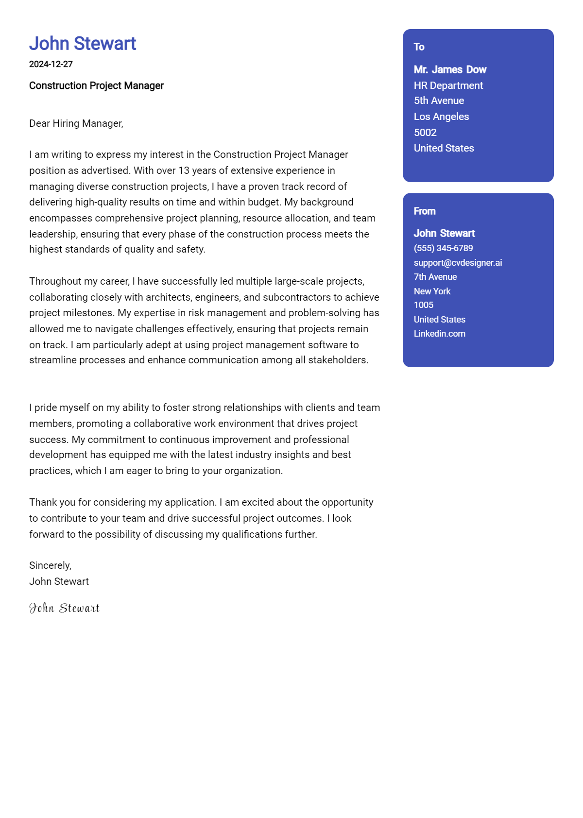 construction project manager cover letter example