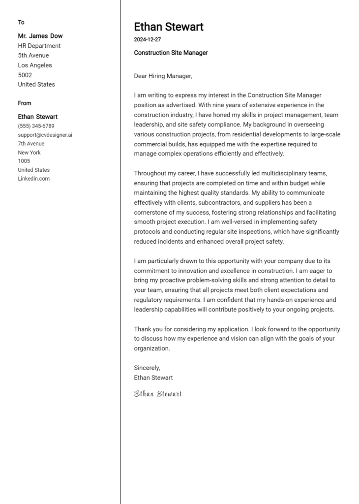 construction site manager cover letter example