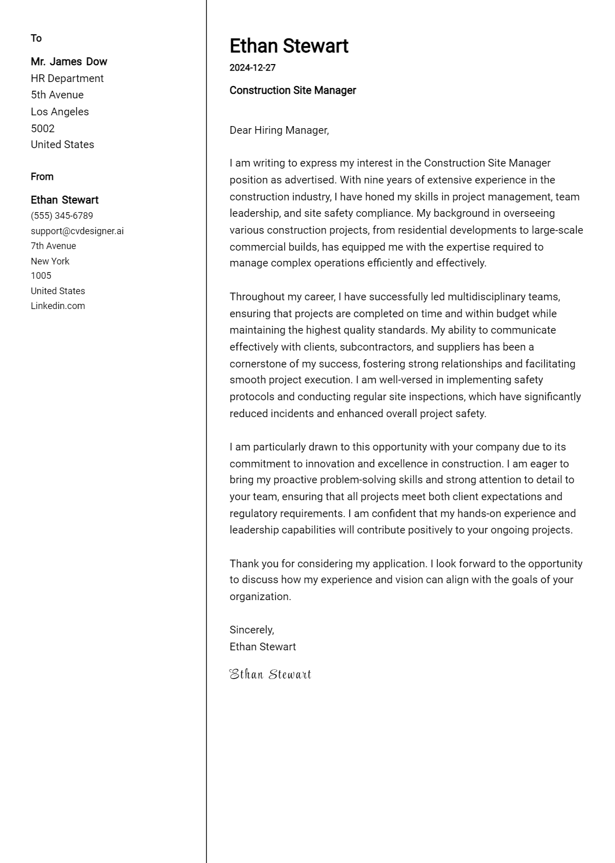 construction site manager cover letter example