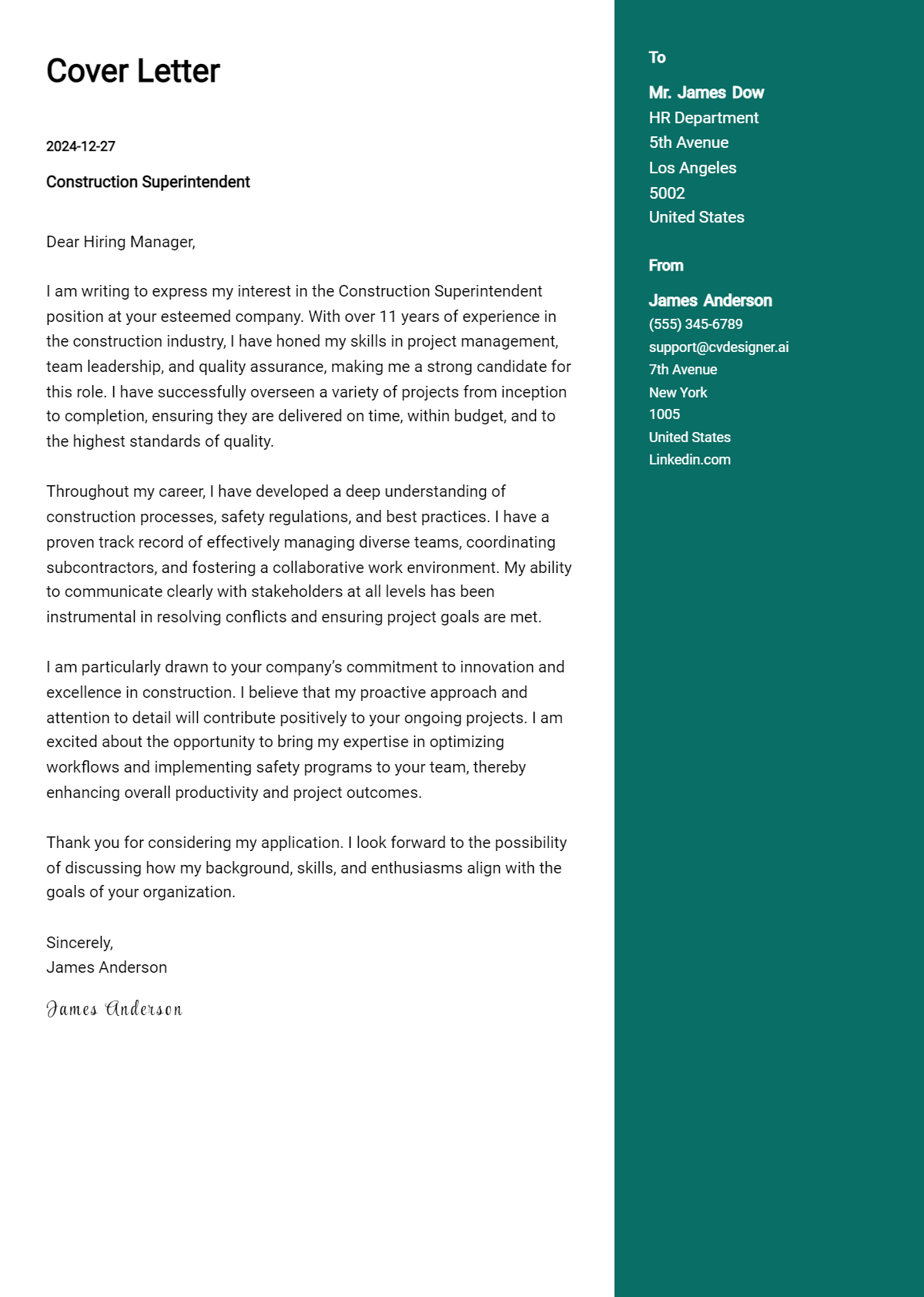 construction superintendent cover letter example