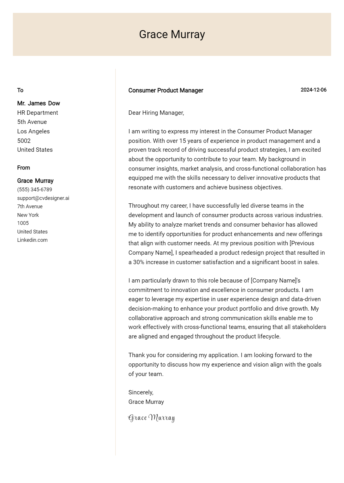 consumer product manager cover letter example