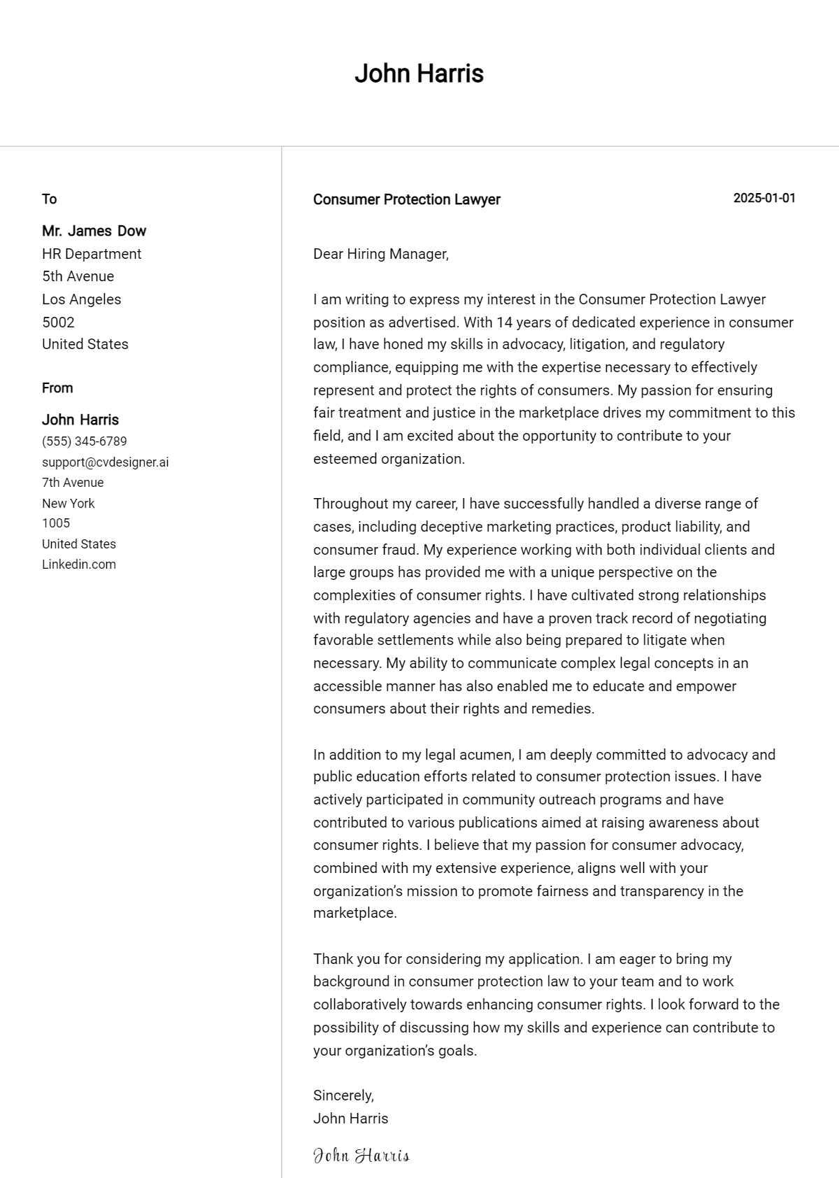 consumer protection lawyer cover letter example