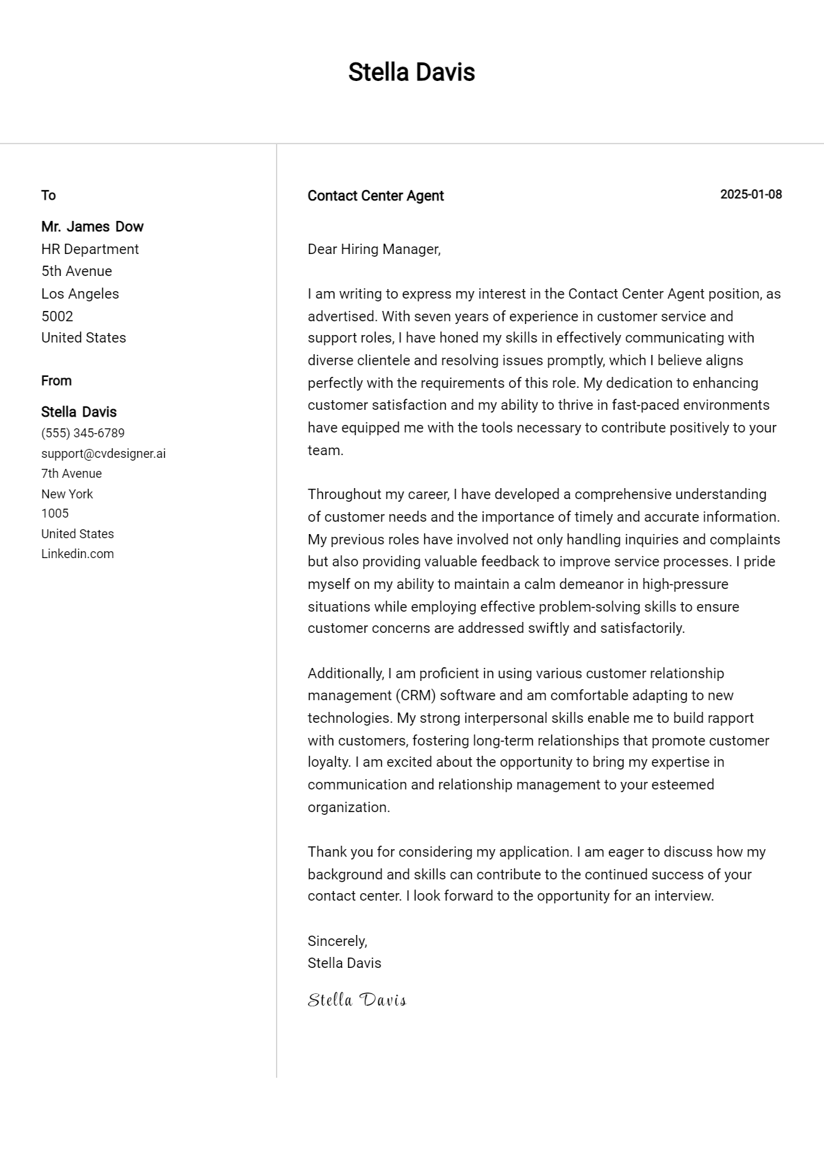 contact center agent cover letter example