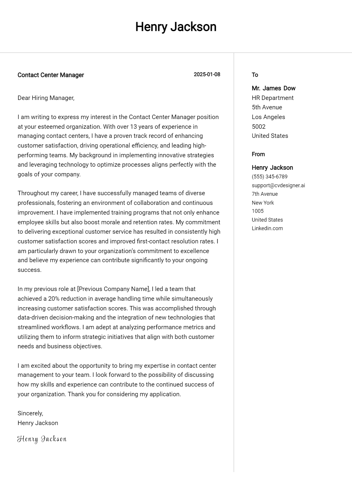 contact center manager cover letter example