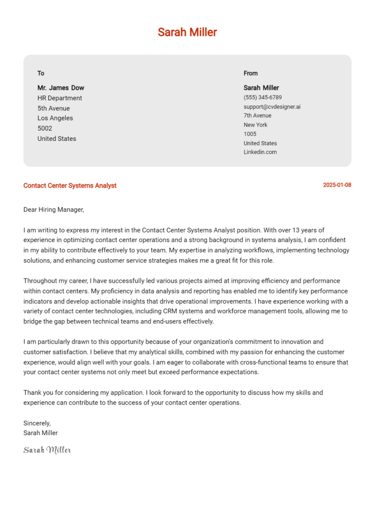 contact center systems analyst cover letter example