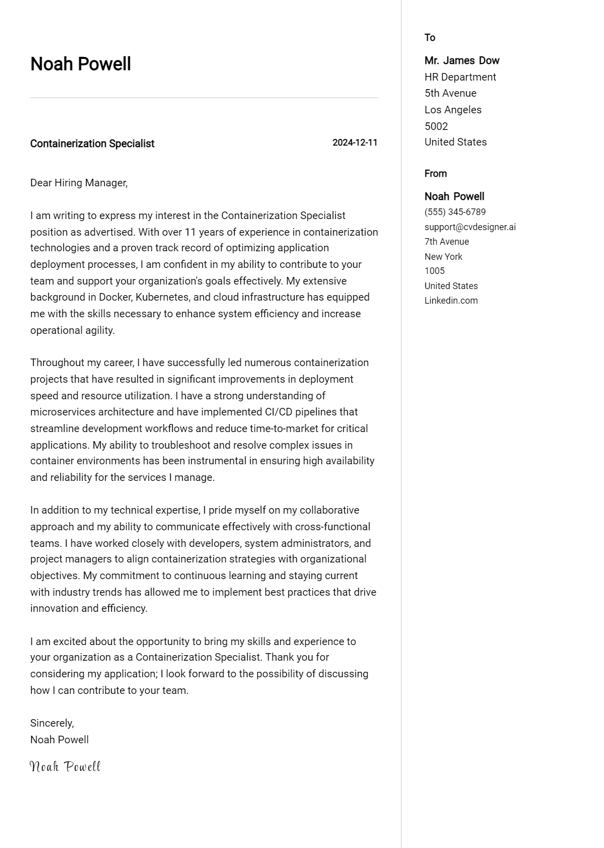 containerization specialist cover letter example