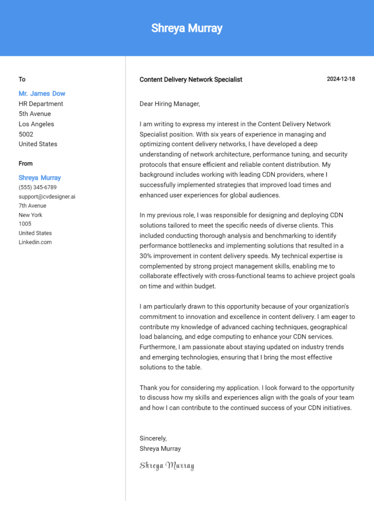 content delivery network specialist cover letter example