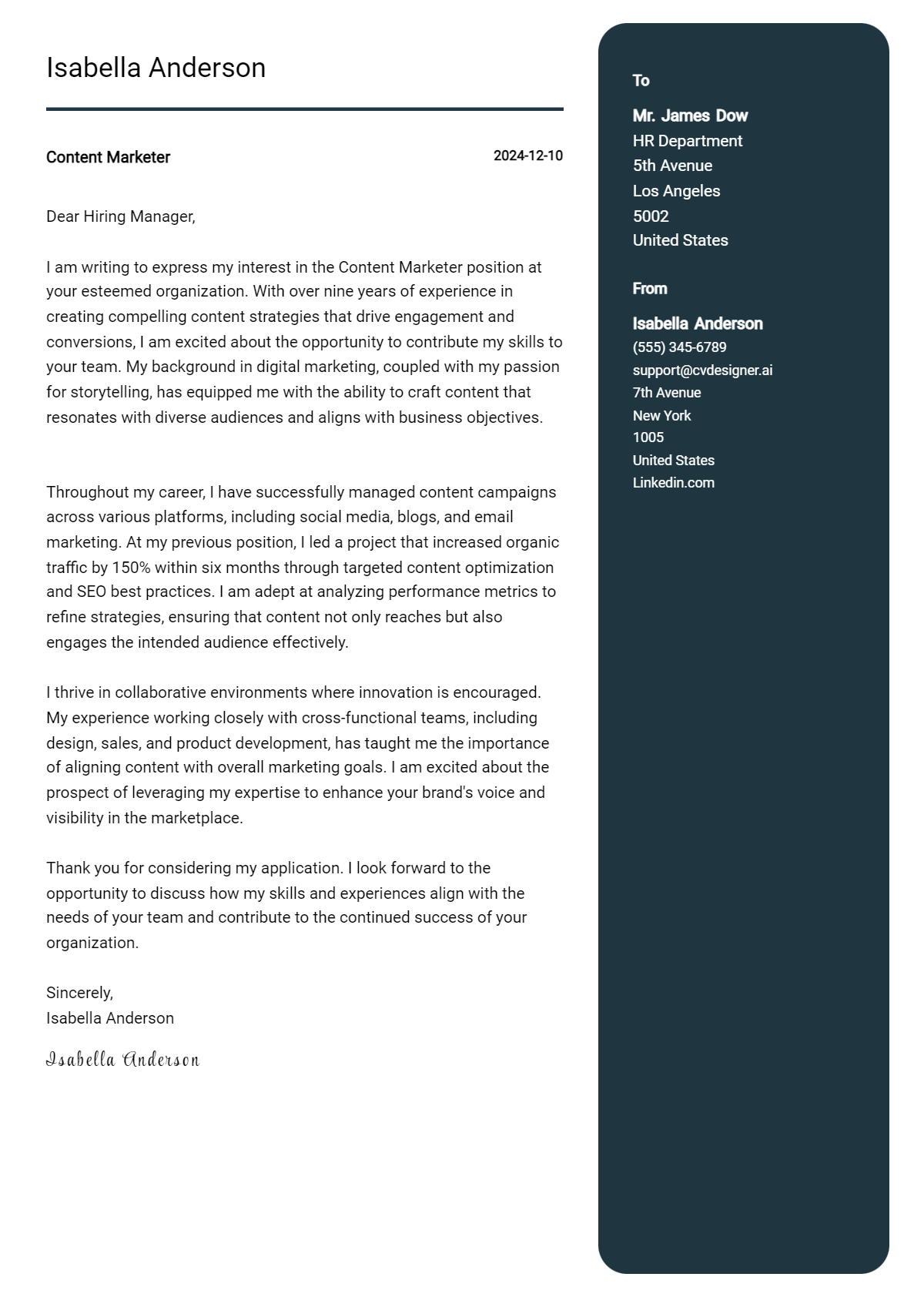 content marketer cover letter example