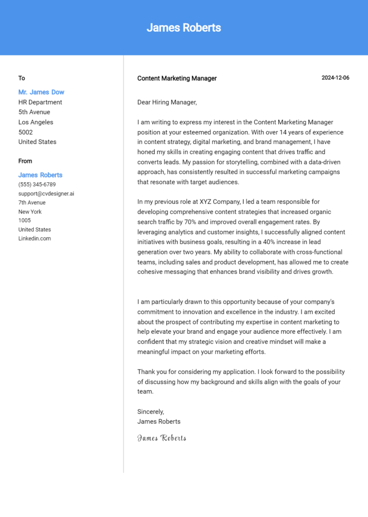 content marketing manager cover letter example