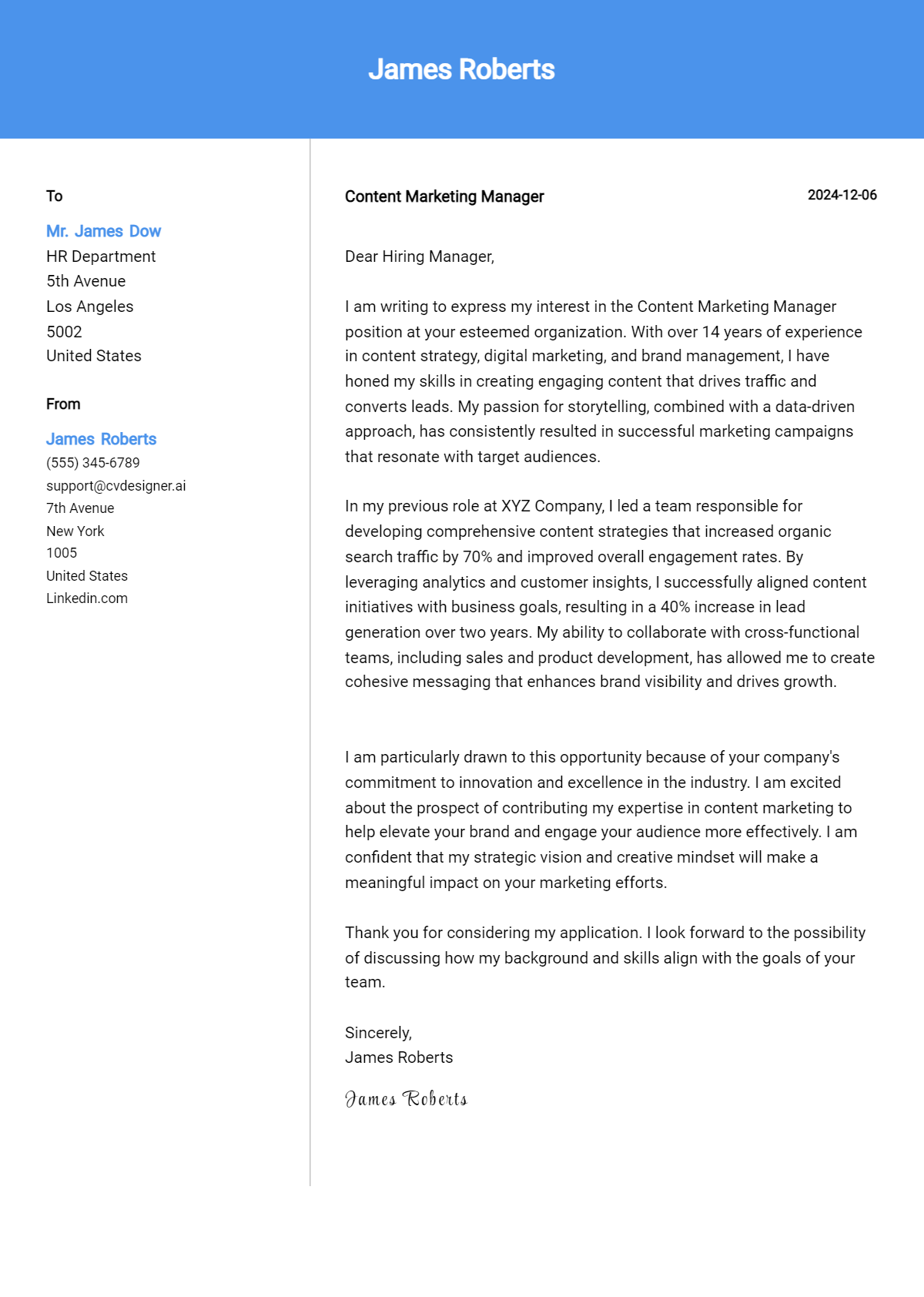 content marketing manager cover letter example