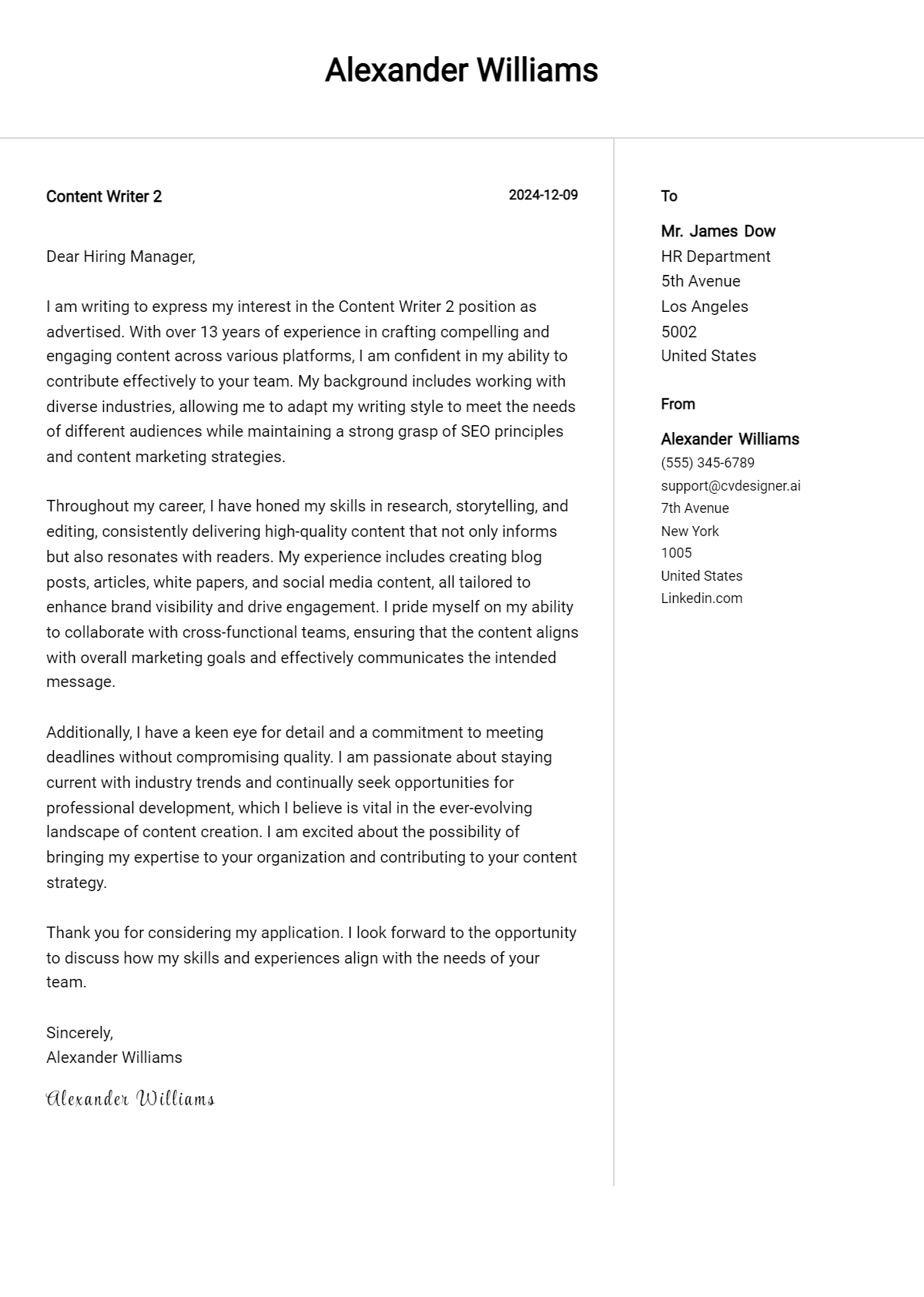 content writer 2 cover letter example