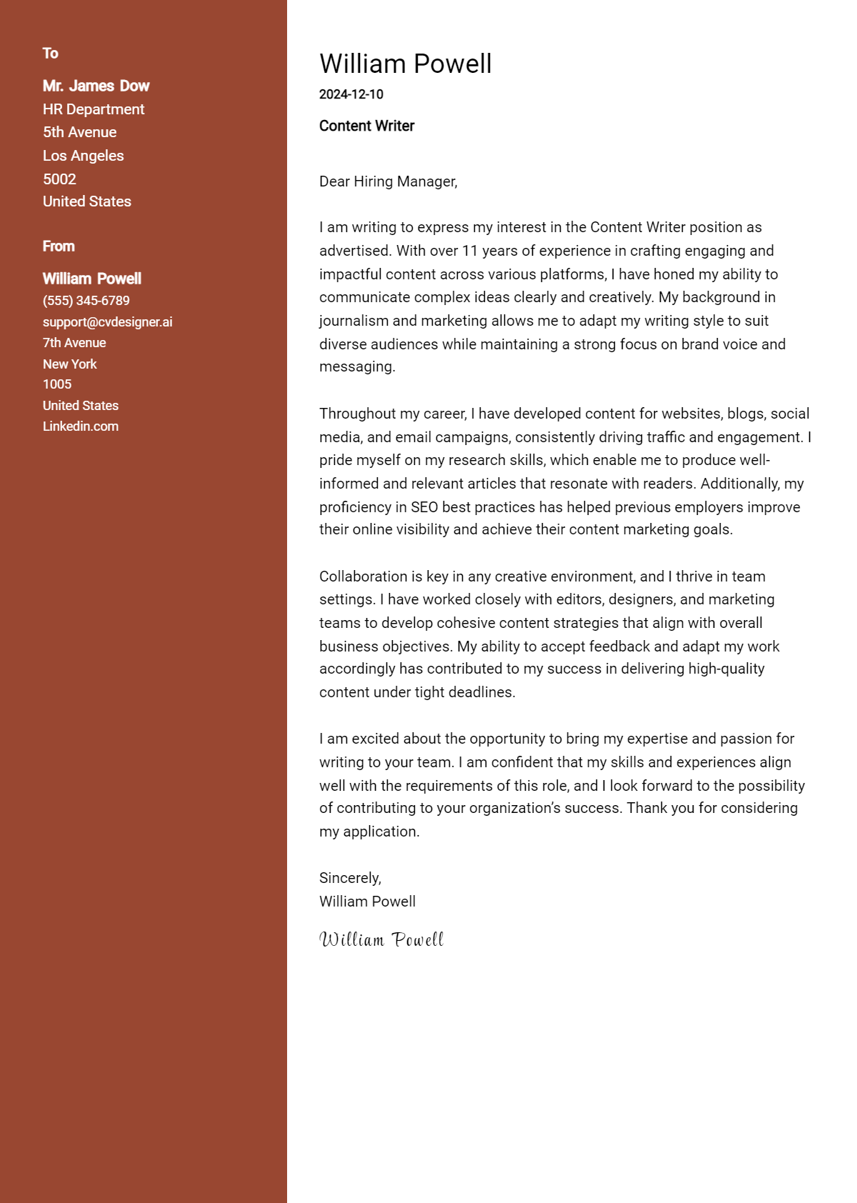 content writer cover letter example