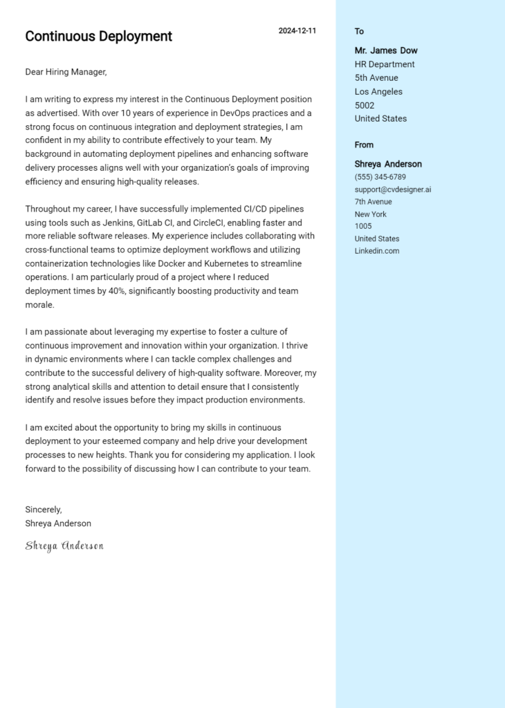 continuous deployment cover letter example