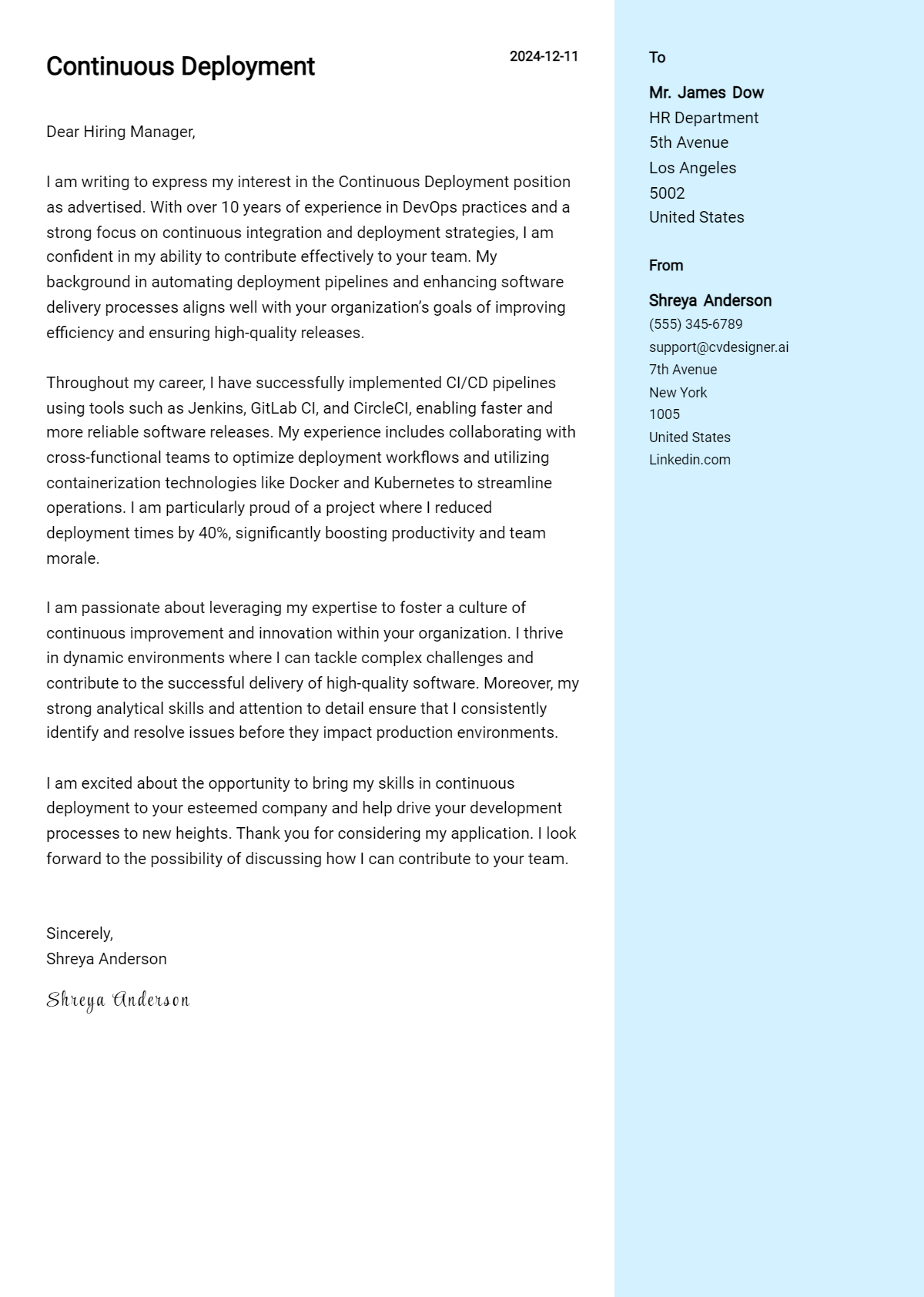 continuous deployment cover letter example