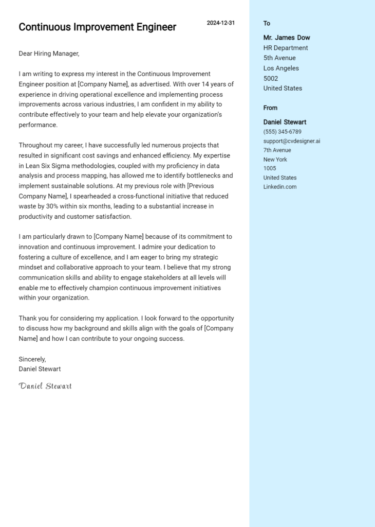 continuous improvement engineer cover letter example