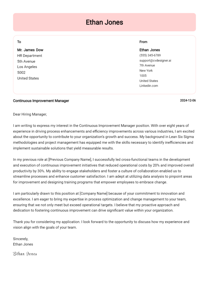 continuous improvement manager cover letter example