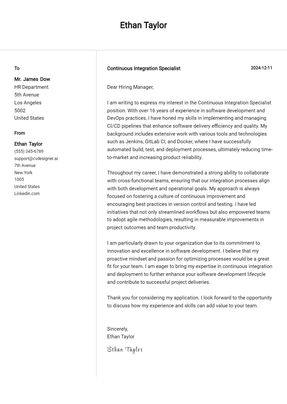 continuous integration specialist cover letter example