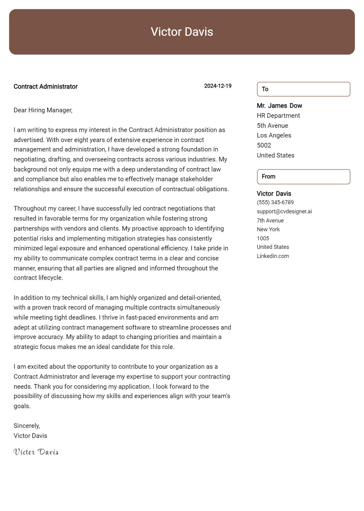 contract administrator cover letter example