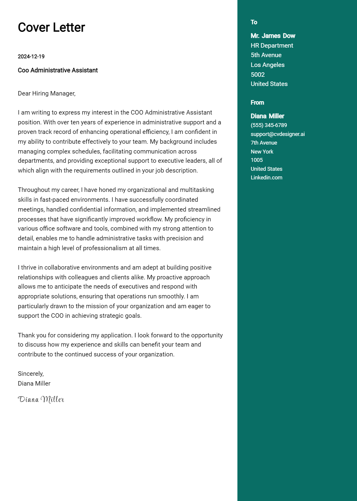 coo administrative assistant cover letter example