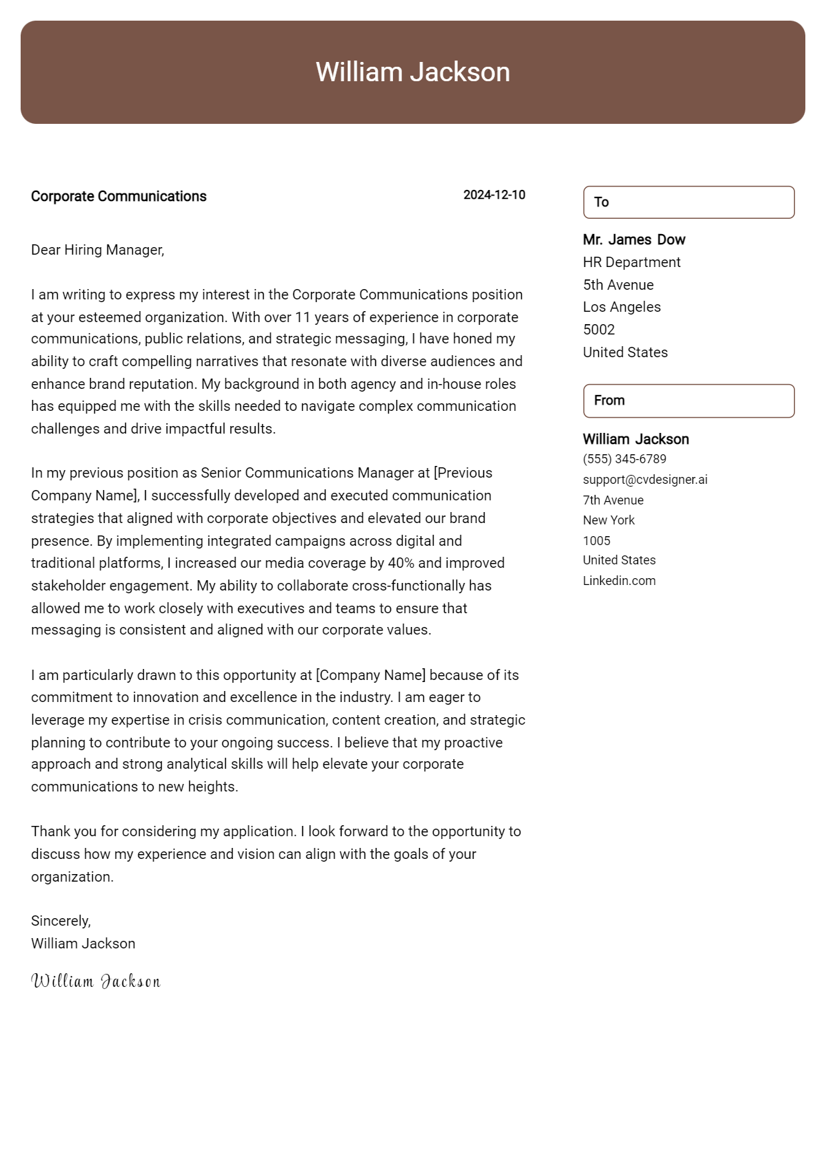 corporate communications cover letter example