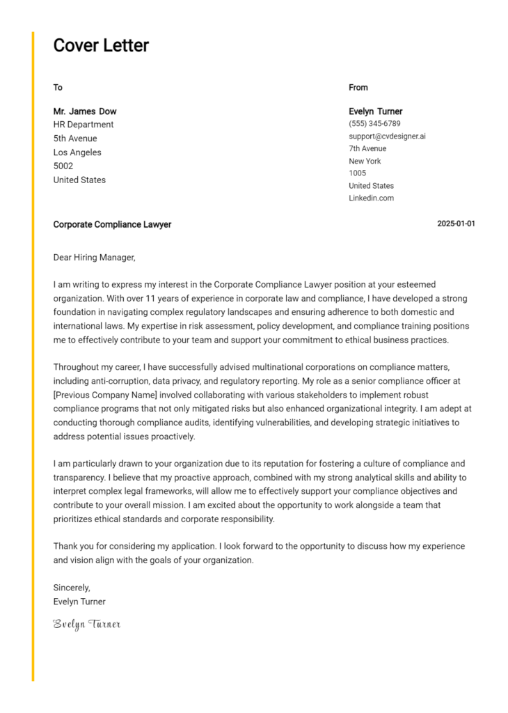 corporate compliance lawyer cover letter example