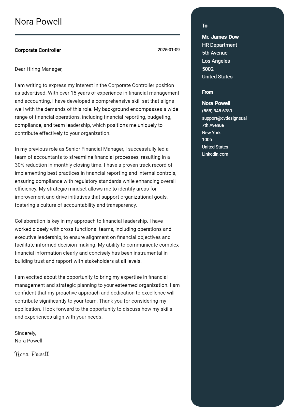 corporate controller cover letter example