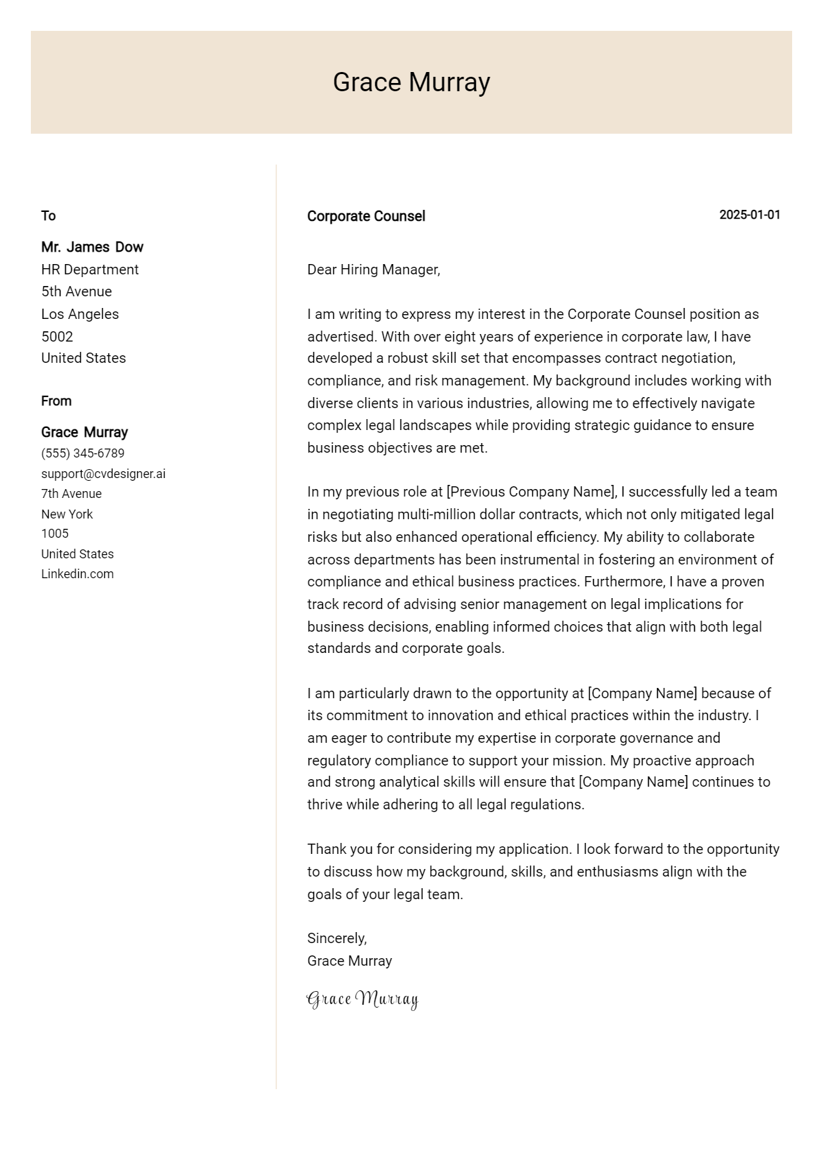 corporate counsel cover letter example