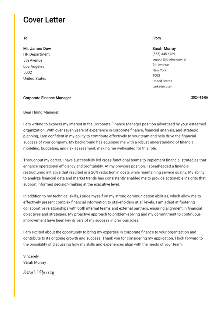 corporate finance manager cover letter example