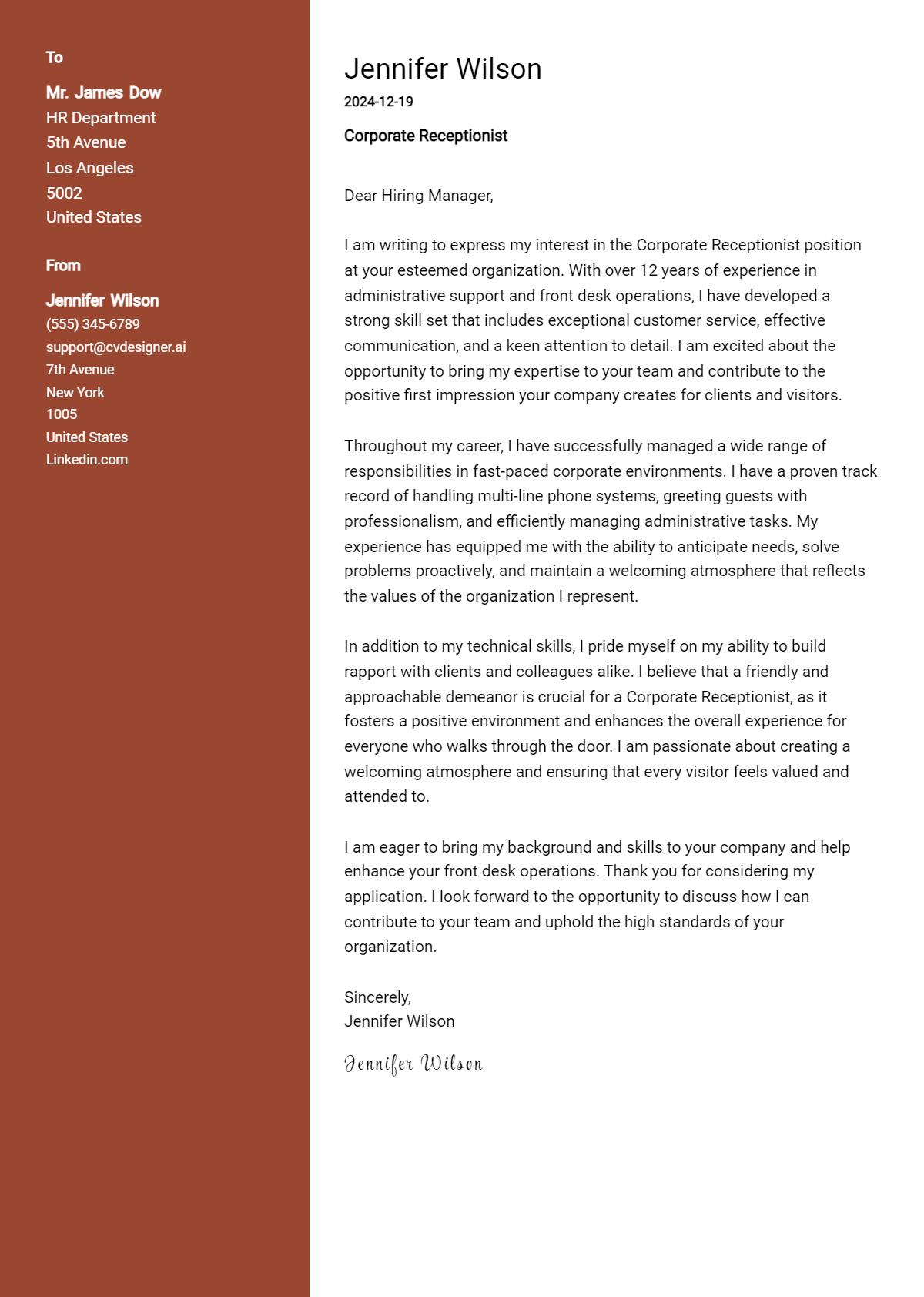 corporate receptionist cover letter example