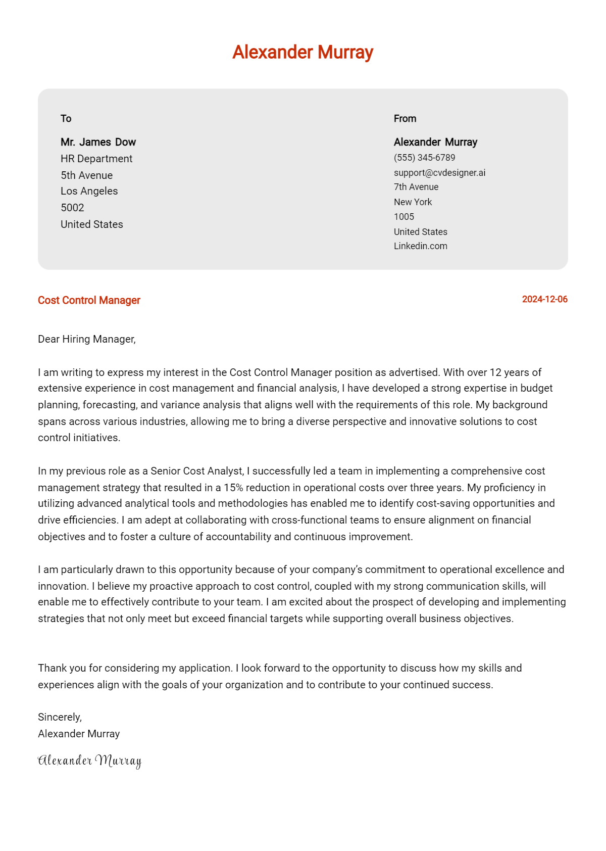 cost control manager cover letter example