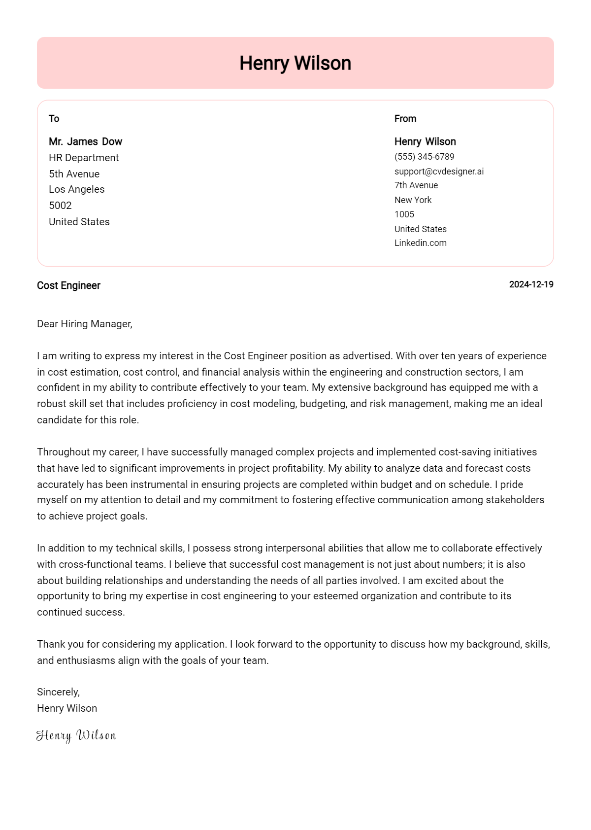 cost engineer cover letter example