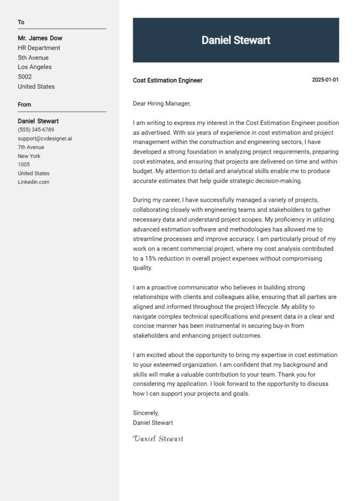 cost estimation engineer cover letter example