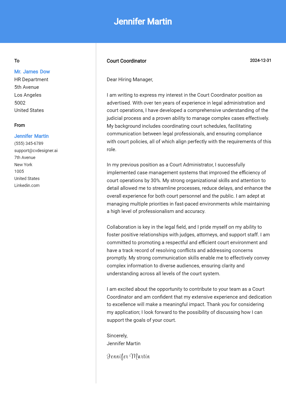 court coordinator cover letter example