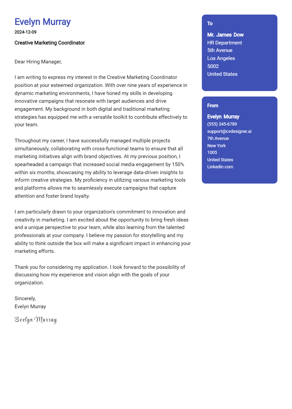 creative marketing coordinator cover letter example