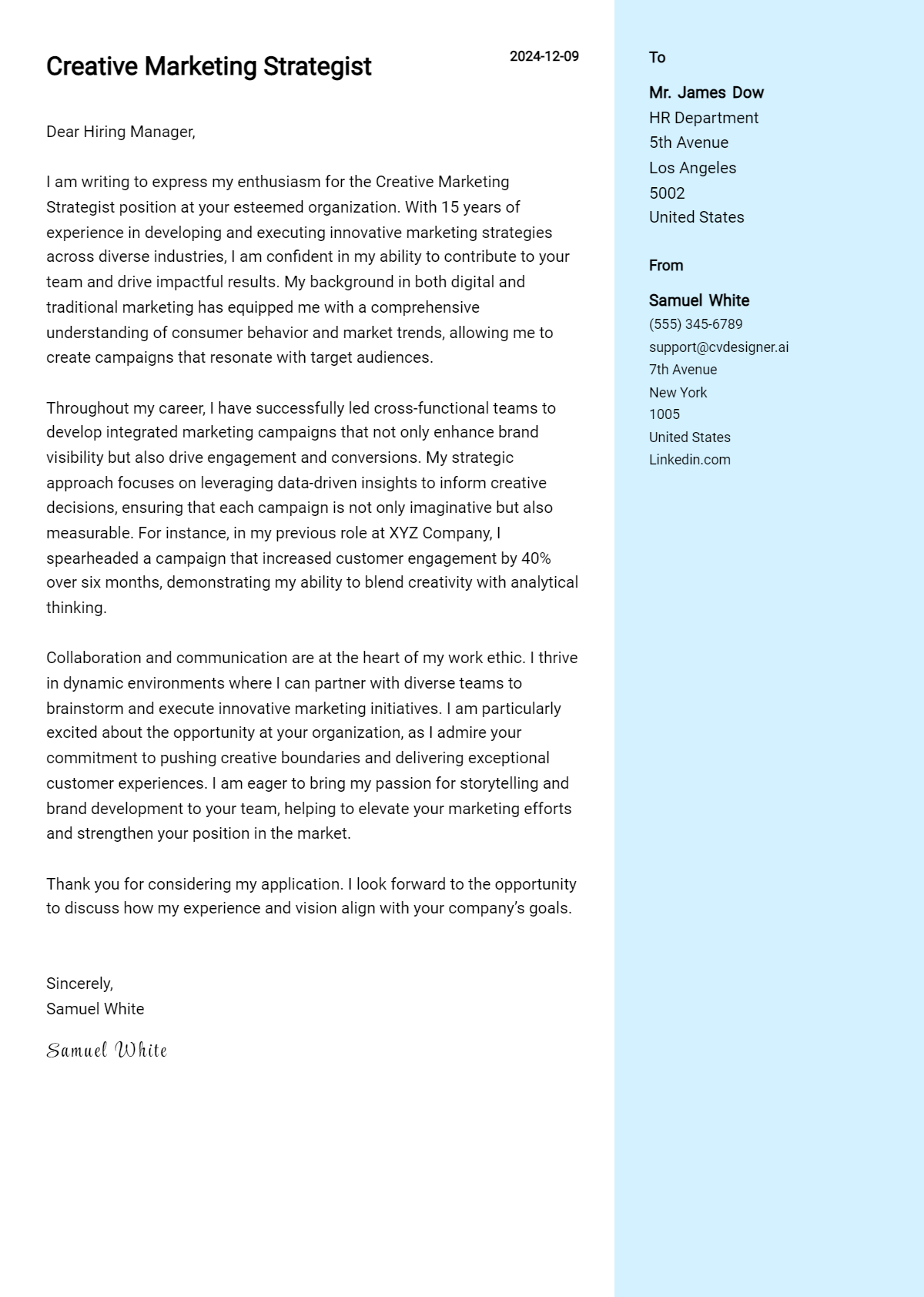 creative marketing strategist cover letter example