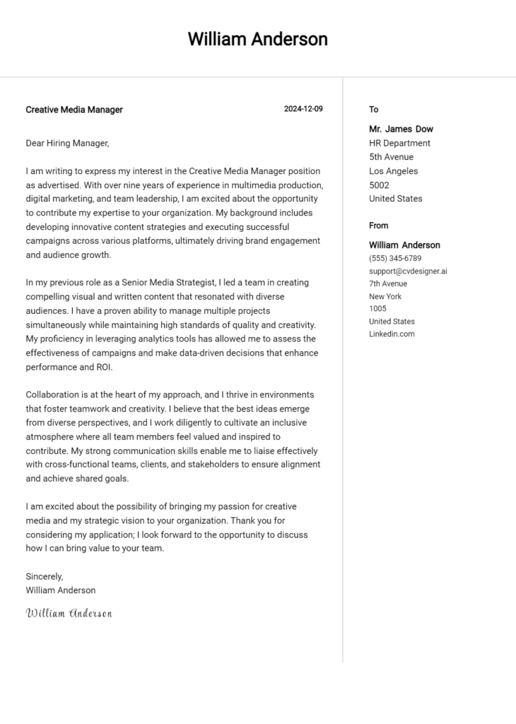 creative media manager cover letter example