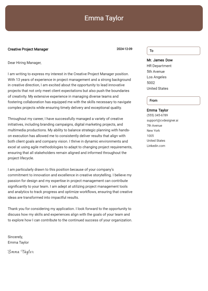 creative project manager cover letter example