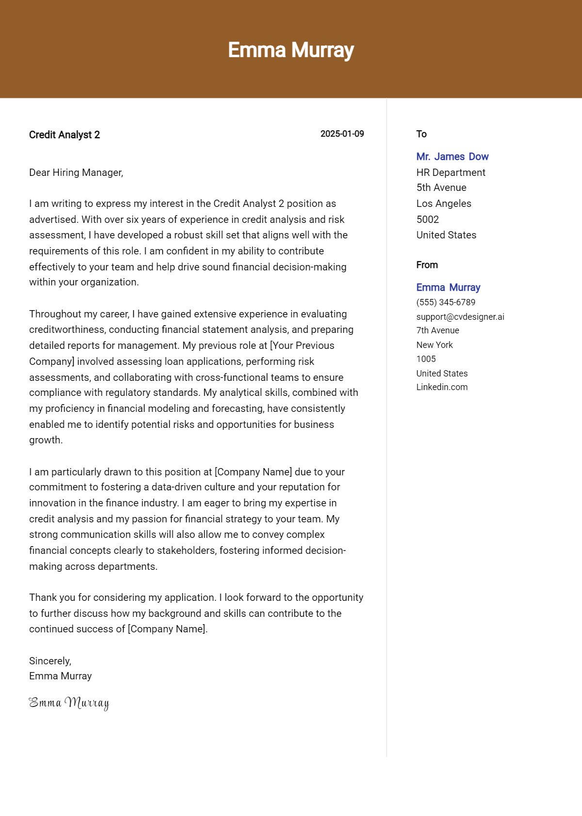 credit analyst 2 cover letter example