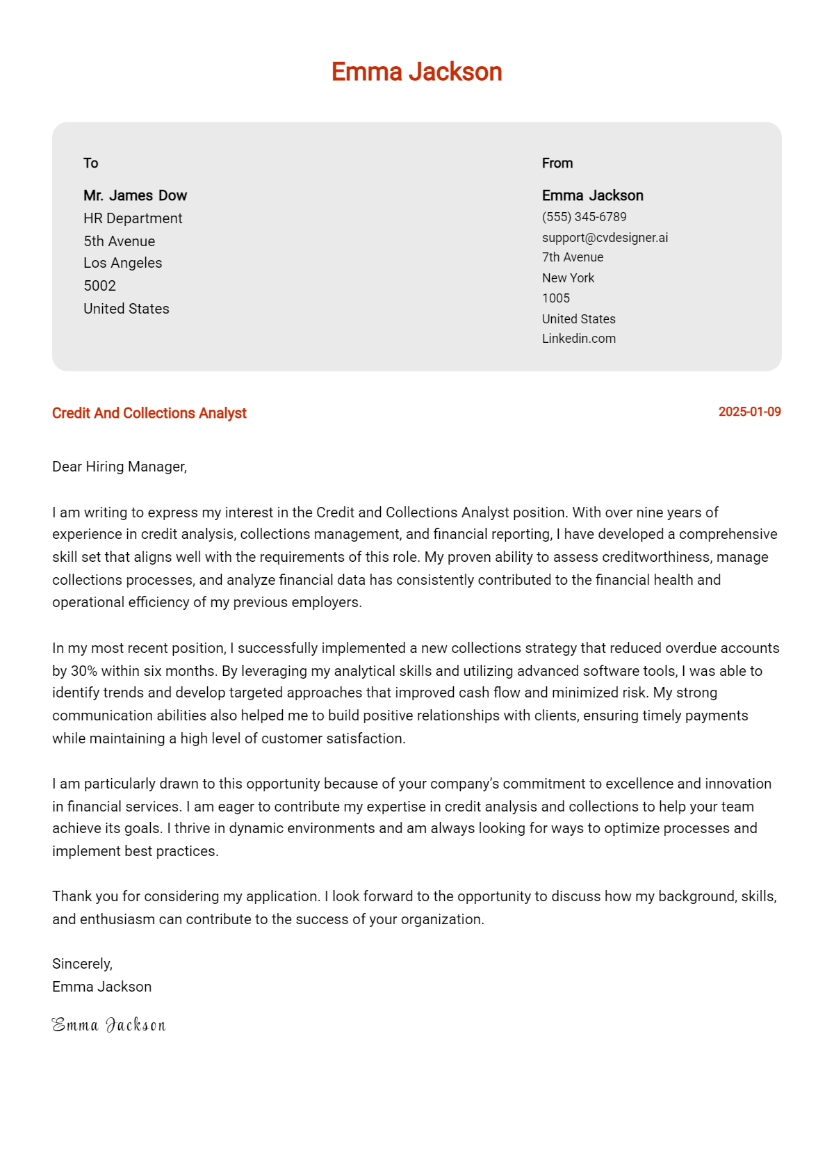 credit and collections analyst cover letter example