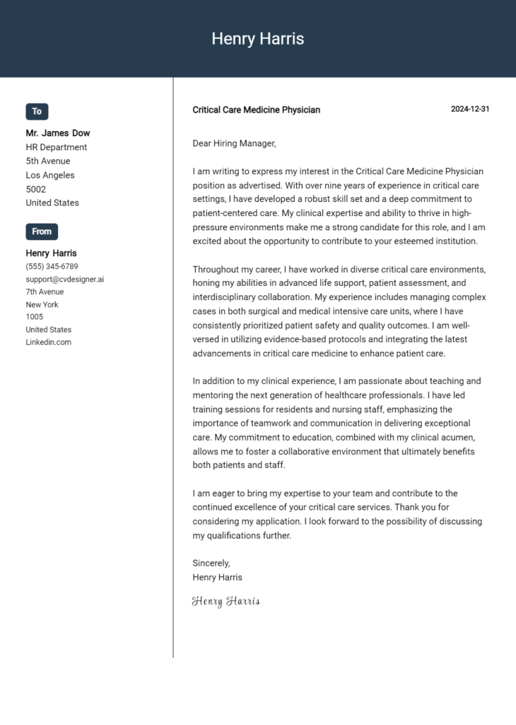 critical care medicine physician cover letter example