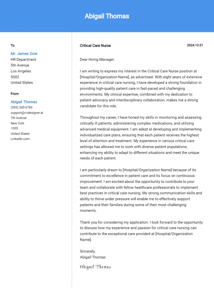 critical care nurse cover letter example